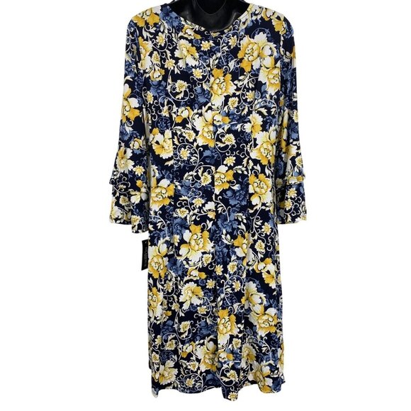 Glamour Women Floral Dress Size 14 Long Sleeve Blue Shift Necklace New - Picture 5 of 10
